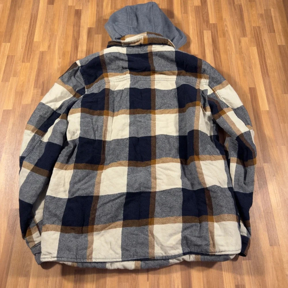 Levis Mens Plaid Hooded Flannel Jacket Sherpa Lined Navy Brown Small RN54163